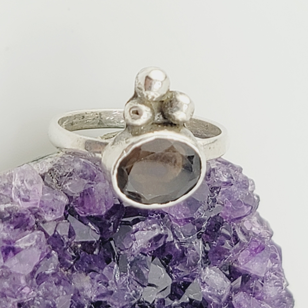 SMOKY QUARTZ CRYSTAL PRINCESS RING HANDMADE IN STERLING SILVER METAL 7.5